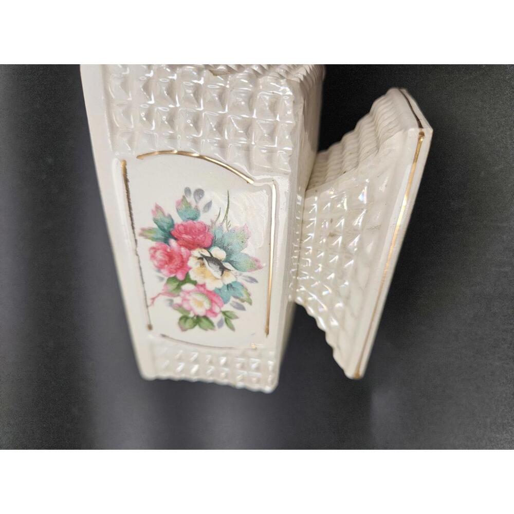 Mid Century Hollywood Regency Ivory & RosesPyramidal Hobnob Lidded Trinket Box - Picture 14 of 14